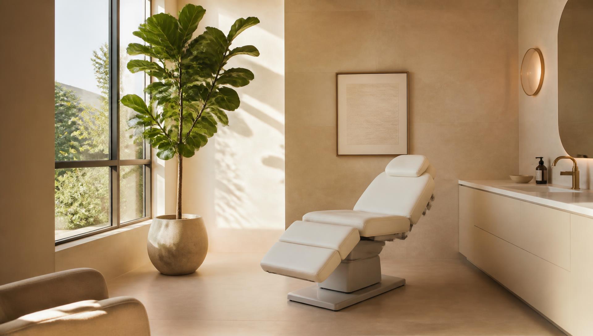 Sun-drenched minimalist medical suite with warm stone walls